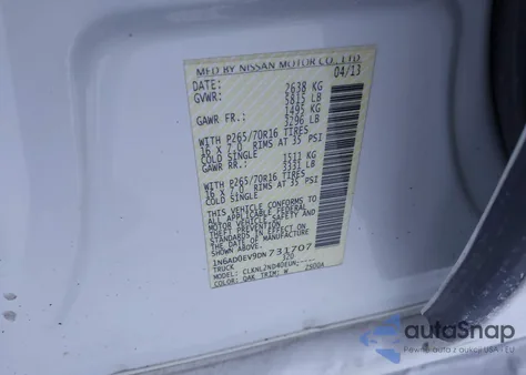 2013 Nissan Frontier Sv z USA, uszkodzony, nr VIN 1N6AD0EV9DN731707